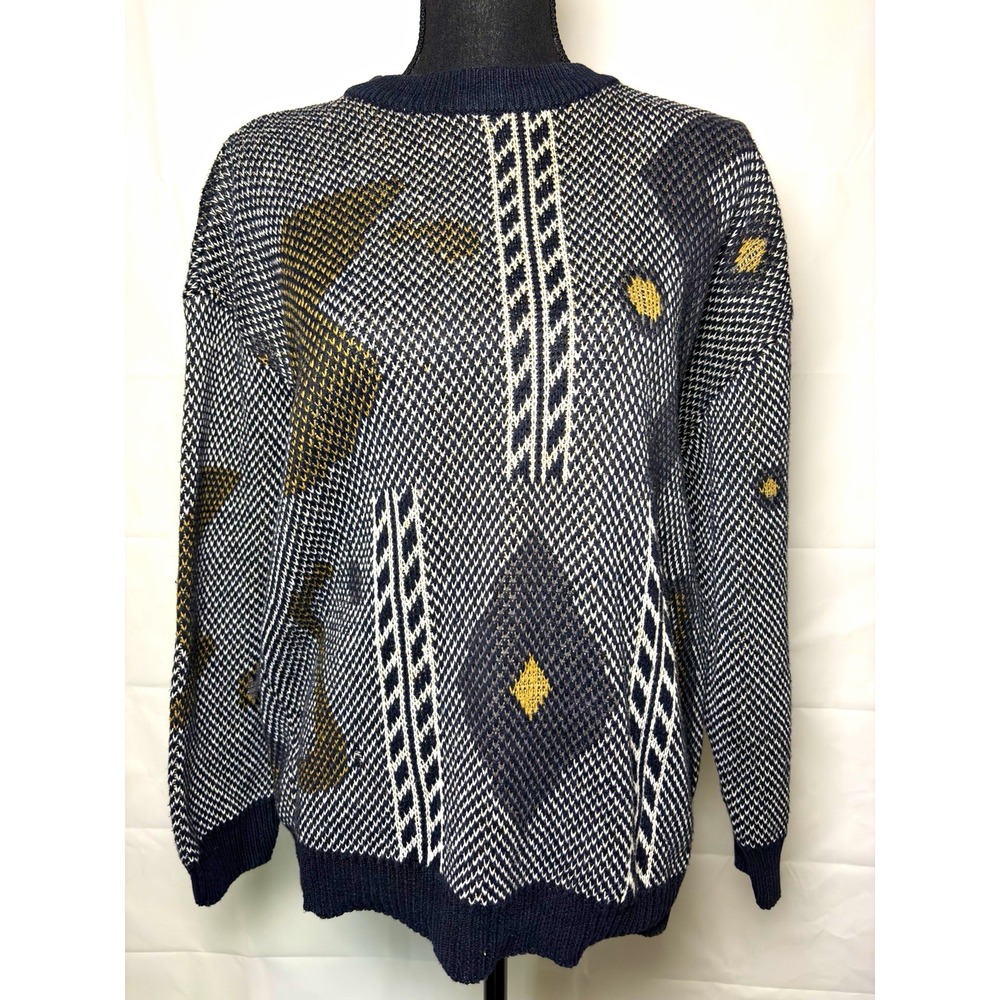 Generra Men's Crewneck Pullover Sweater L Black/White/Tan Geometric  grandpa
